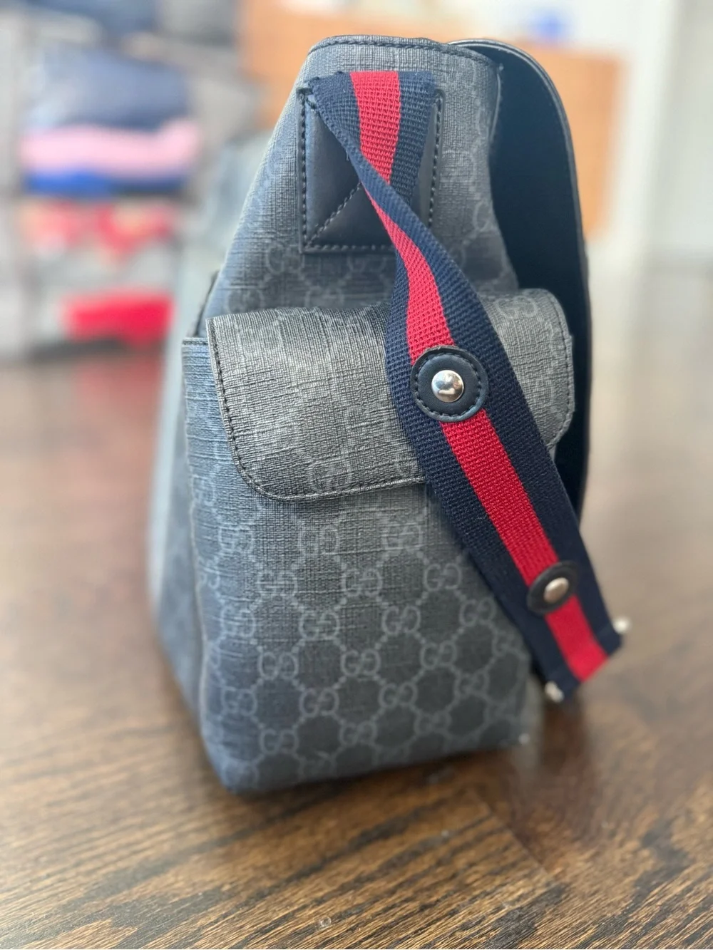 Gucci Black Monogram Diaper Bag with Red and Blue Web Strap
